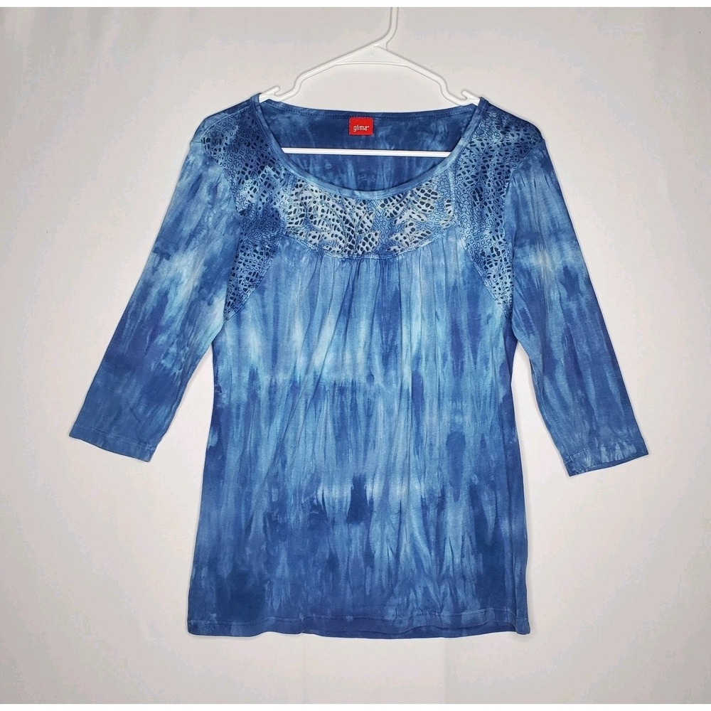 Glima Top Women Medium Blue Cotton Tye Dye Elbow Sleeve 90s Grunge Fairy USA